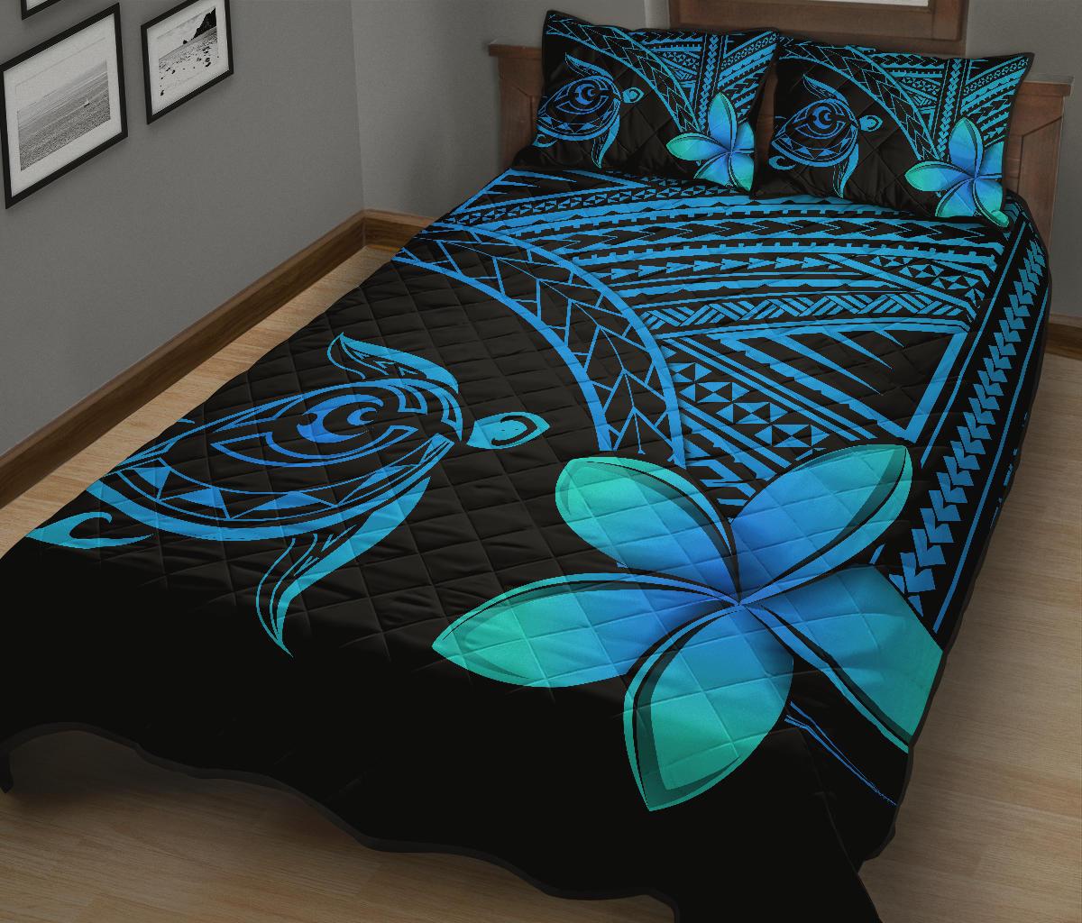 Hawaiian Turtle Plumeria Polynesian Quilt Bedding Set Blue - Polynesian Pride