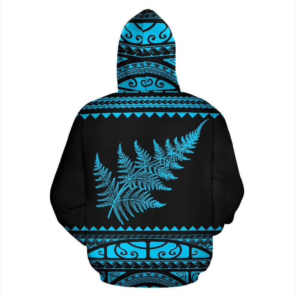 New Zealand Maori Hoodie, Aotearoa Silver Fern Pullover Hoodie Blue - Polynesian Pride