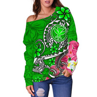 Hawaii Women's Off Shoulder Sweater - Turtle Plumeria Polynesian Tattoo Green Color - Polynesian Pride