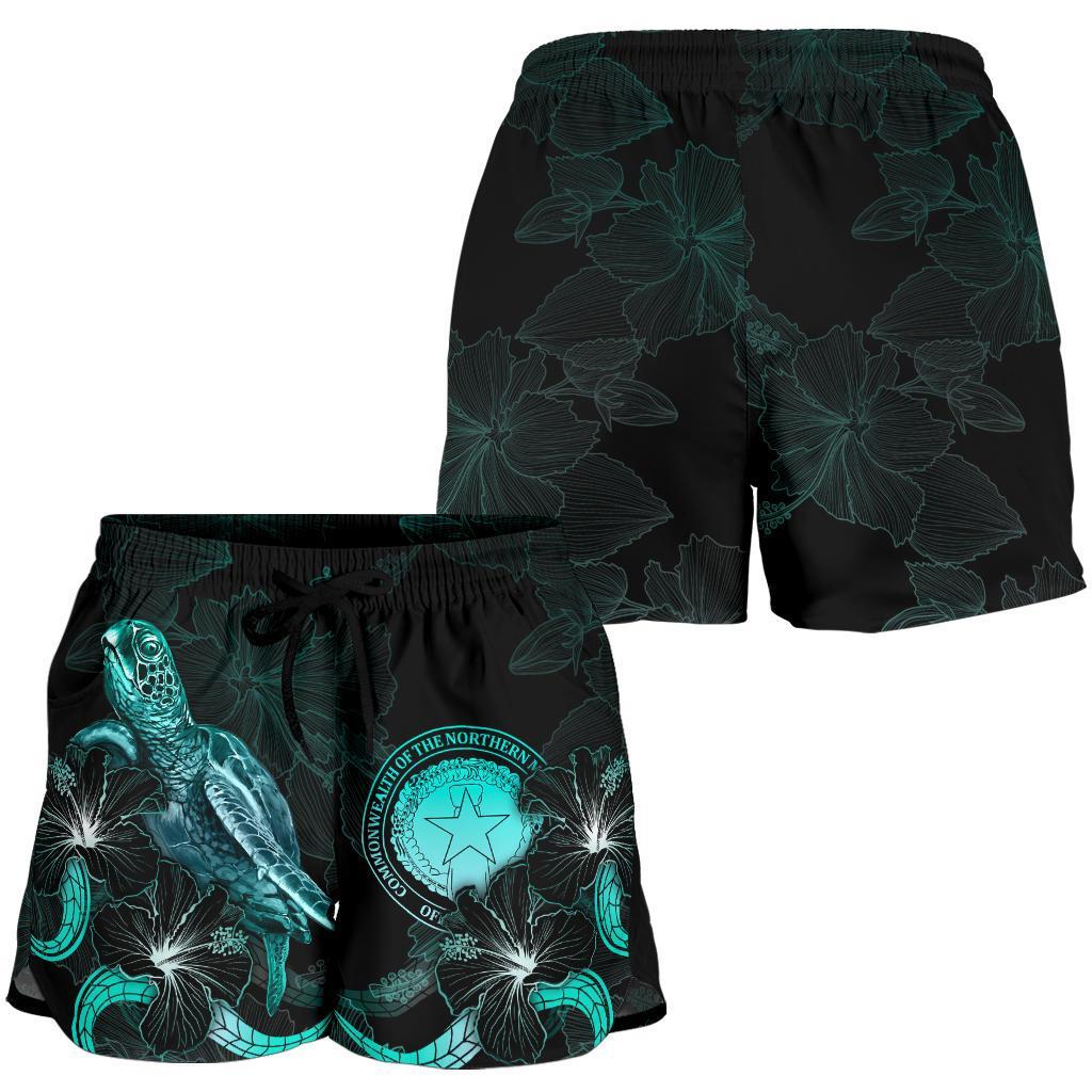 CNMI Polynesian Women's Shorts - Turtle With Blooming Hibiscus Turquoise - Polynesian Pride