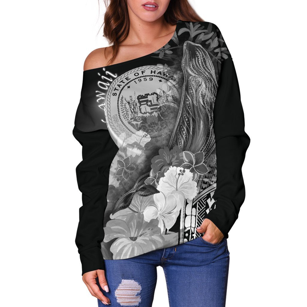 Polynesian Hawaii Women's Off Shoulder Sweater - Humpback Whale with Tropical Flowers (White) - Polynesian Pride