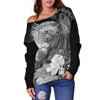 Polynesian Hawaii Women's Off Shoulder Sweater - Humpback Whale with Tropical Flowers (White) - Polynesian Pride