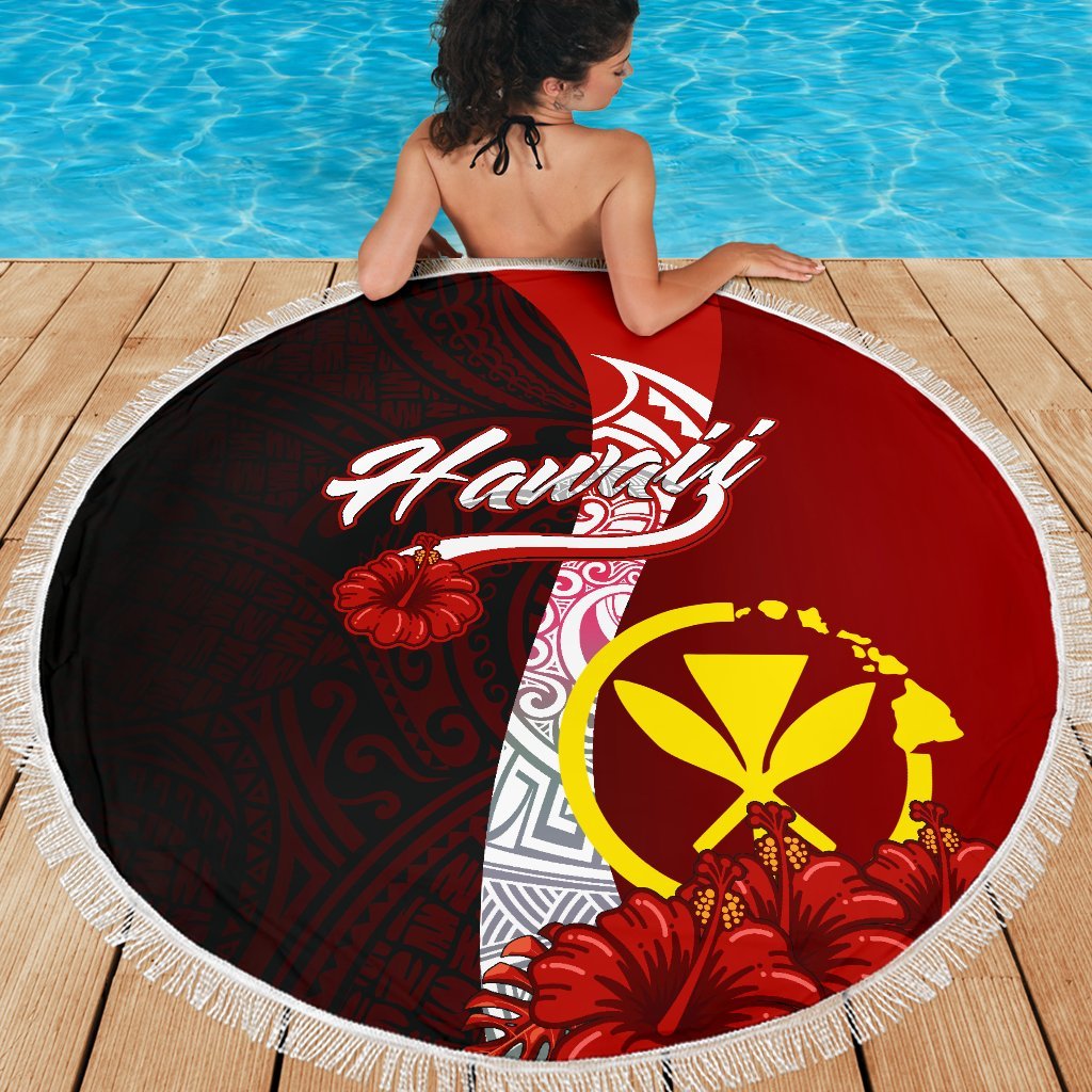 Hawaii Polynesian Beach Blanket - Coat Of Arm With Hibiscus - Polynesian Pride