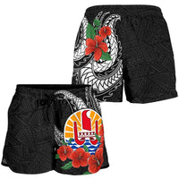 Tahiti Polynesian Women Shorts - Hibiscus Coat of Arm Black - Polynesian Pride