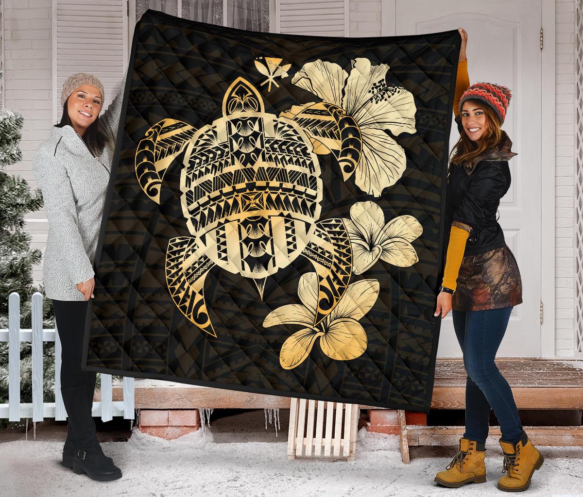 Hawaiian Kanaka Hibiscus Plumeria Mix Polynesian Turtle Premium Quilt Gold AH - Polynesian Pride