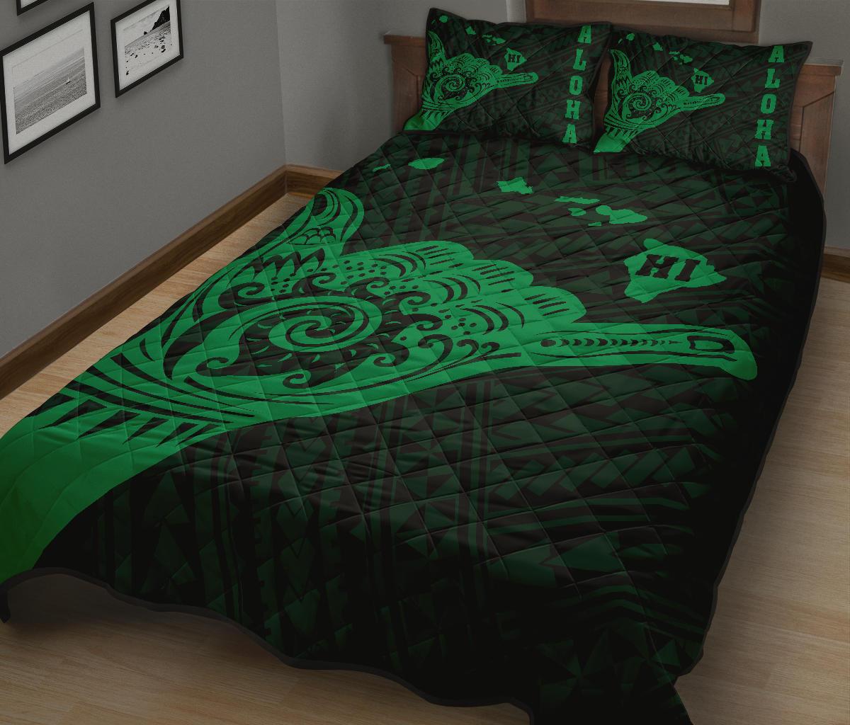 Hawaii Shaka Map Polynesian Quilt Bed Set - Green - Polynesian Pride