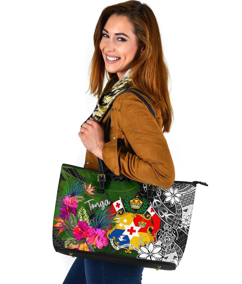 Tonga Large Leather Tote Bag - Turtle Plumeria Banana Leaf - Polynesian Pride