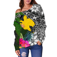 Papua New Guinea Off Shoulder Sweater - Turtle Plumeria Banana Leaf - Polynesian Pride