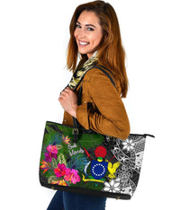 Cook Islands Large Leather Tote Bag - Turtle Plumeria Banana Leaf - Polynesian Pride