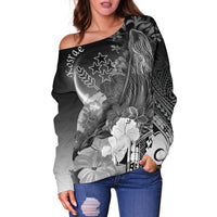 Kosrae Women's Off Shoulder Sweater - Humpback Whale with Tropical Flowers (White) - Polynesian Pride