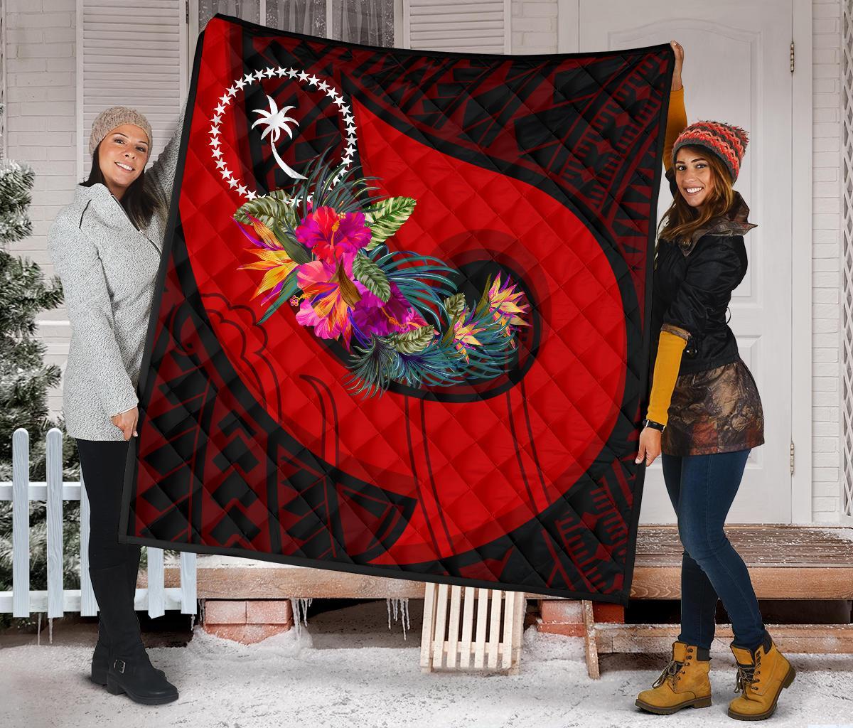 Chuuk Premium Quilt - Polynesian Hook And Hibiscus (Red) - Polynesian Pride