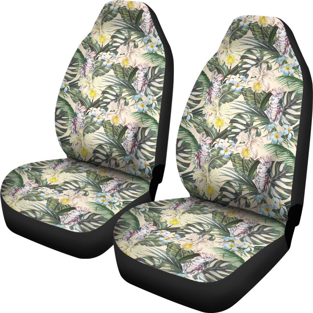 Hawaii Tropical Jungle Parrots And Flamingos Car Seat Cover Universal Fit White - Polynesian Pride