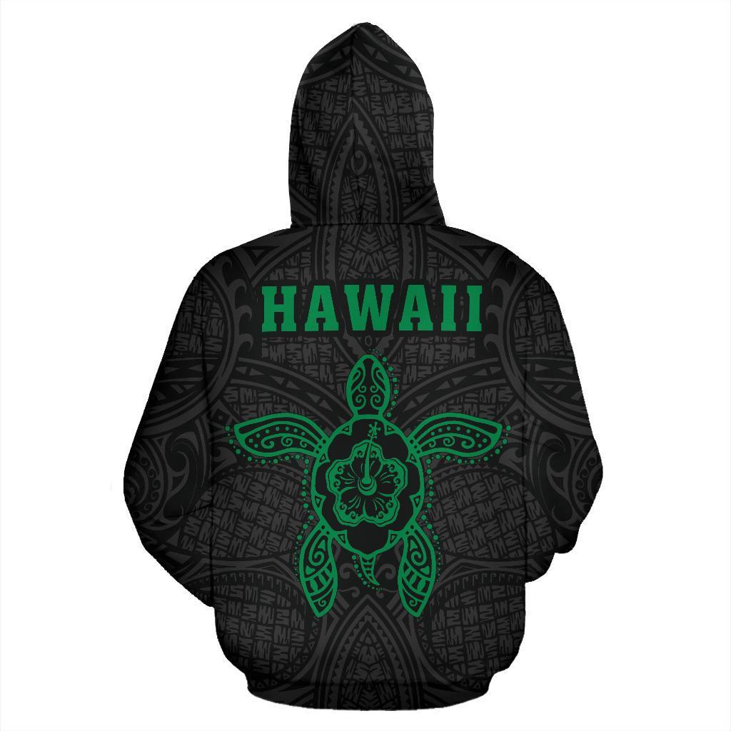 Polynesian Kakau Hula Girl Turtle Hibiscus Hawaii Zip Hoodie Green - Polynesian Pride