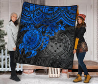 Samoa Polynesian Premium Quilt - Samoa Coat Of Arms & Blue Turtle Hibiscus - Polynesian Pride