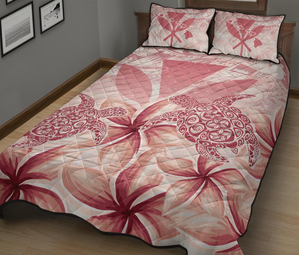 Hawaii Turtle Kanaka Plumeria Polynesian Pink Quilt Bed Set - Polynesian Pride