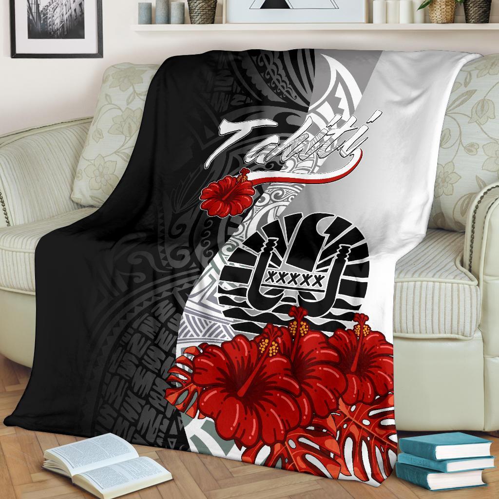 Tahiti Polynesian Premium Blanket - Coat Of Arm With Hibiscus White - Polynesian Pride