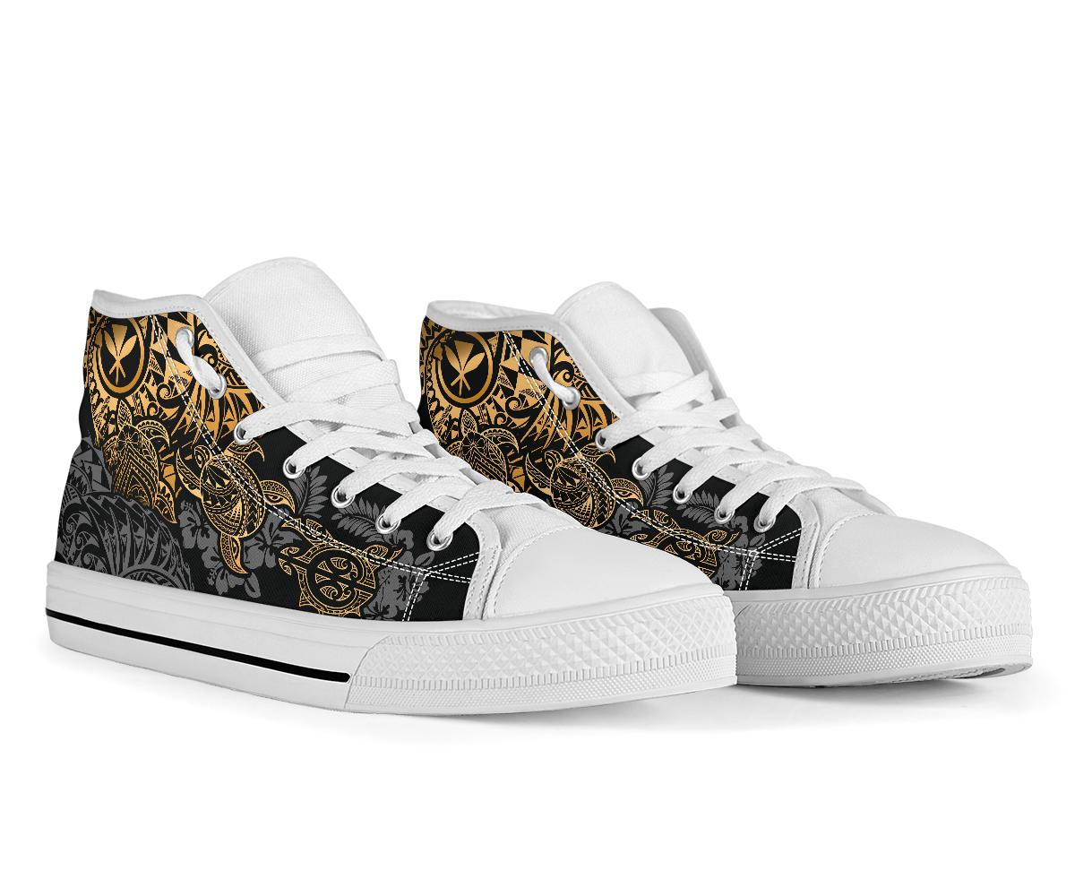 Polynesian Hawaii (Kanaka Maoli) High Top Shoes - Gold Hibiscus Turtle Flowing - Polynesian Pride