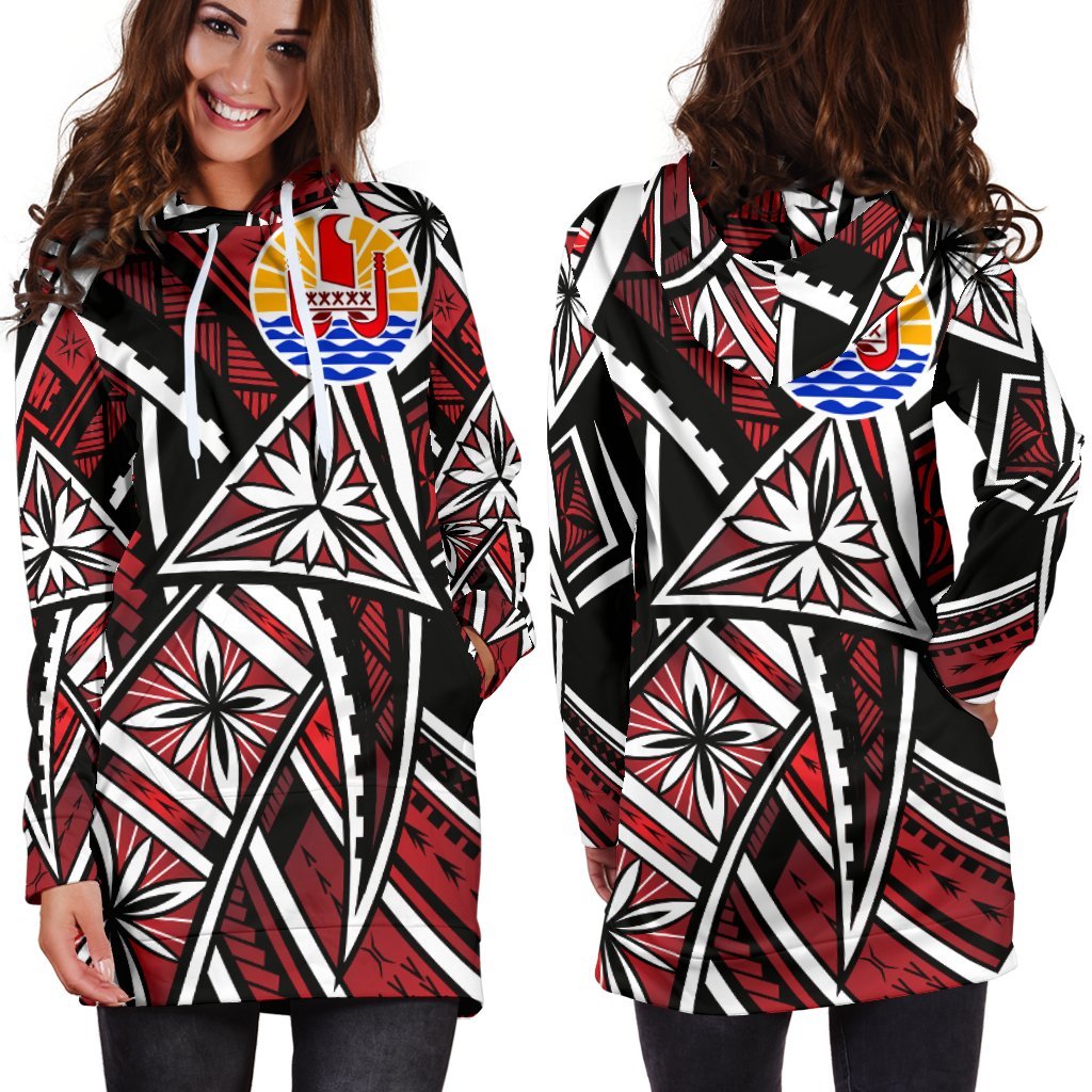 Tahiti Women's Hoodie Dress - Tribal Flower Special Pattern Red Color Red - Polynesian Pride