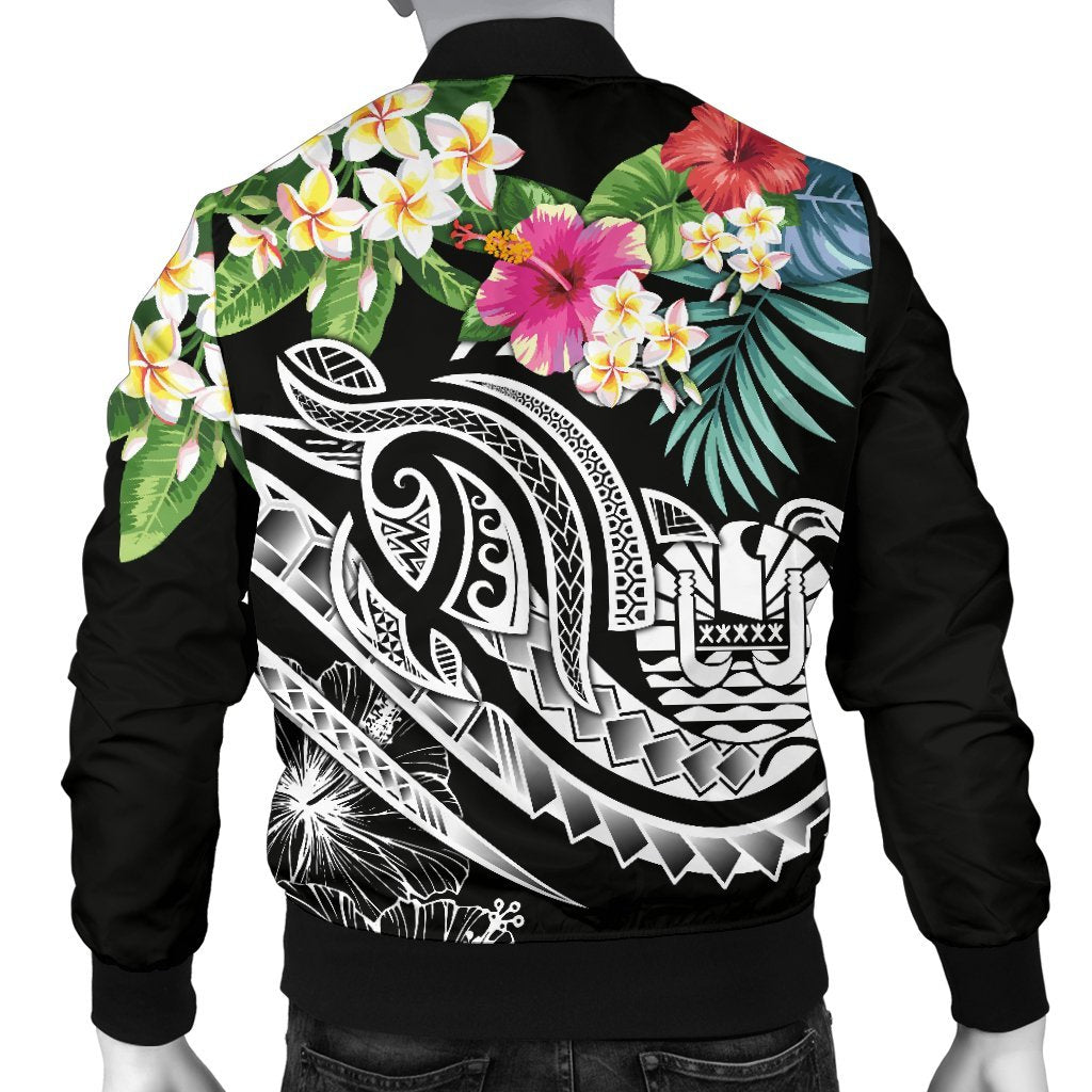 Tahiti Polynesian Men's Bomber Jacket - Summer Plumeria (Black) - Polynesian Pride
