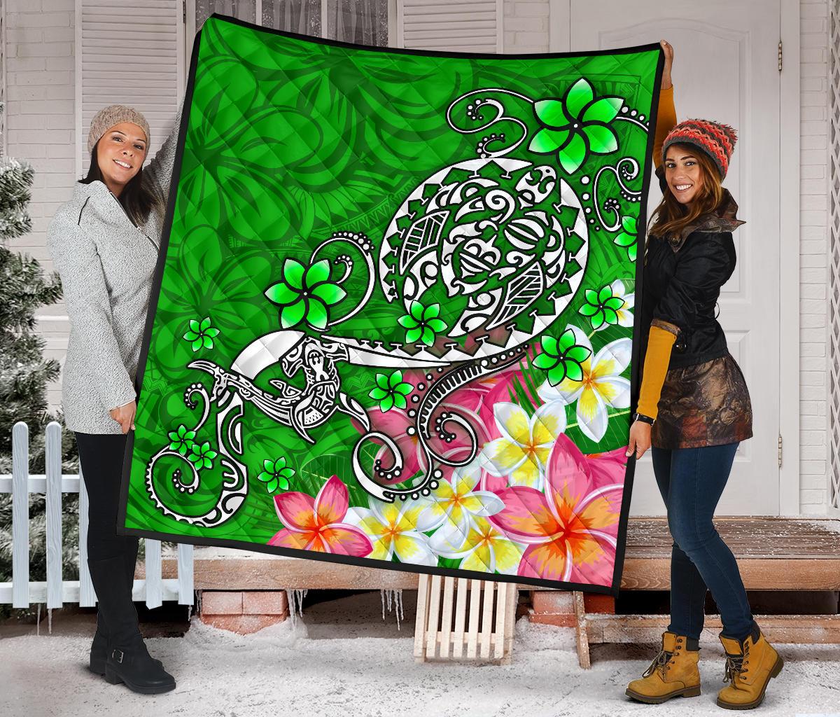 Polynesian Premium Quilt - Turtle Plumeria Green Color - Polynesian Pride