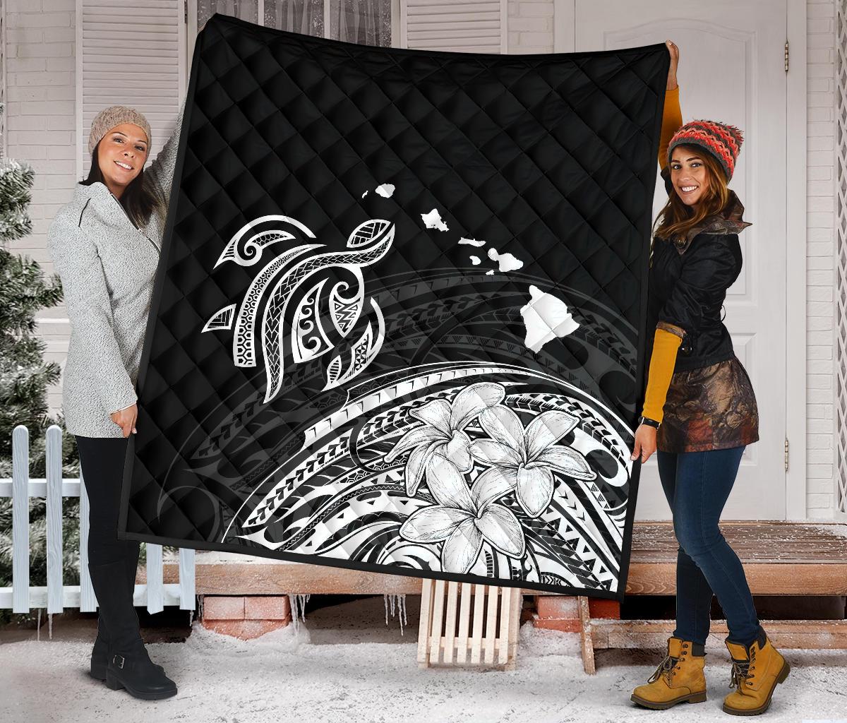 Hawaii Map Plumeria Polynesian Premium Quilt - Polynesian Pride