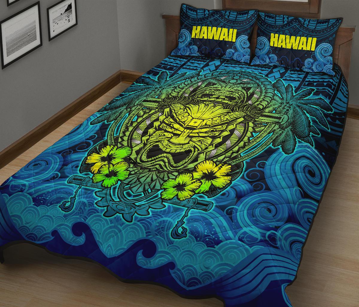 Hawaii Polynesian Quilt Bed Set - Hawaiian Green Yellow Tiki Face Blue Version - Polynesian Pride