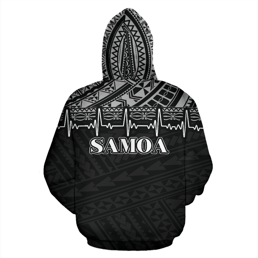 Samoa Polynesian All Over Hoodie Black White Heartbeat Style - Polynesian Pride