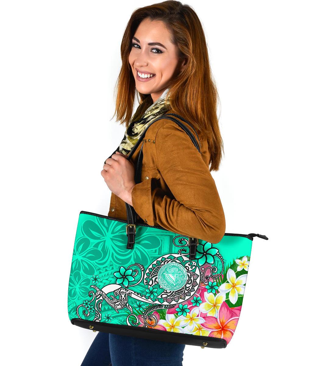 American Samoa Polynesian Large Leather Tote Bag - Turtle Plumeria (Turquoise) - Polynesian Pride
