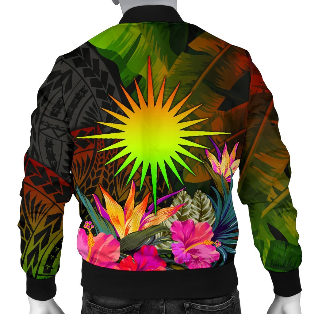 Marshall Islands Polynesian Men's Bomber jacket - Hibiscus and Banana Leaves - Polynesian Pride