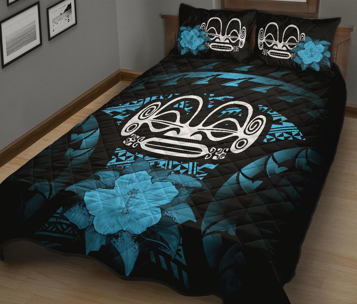 Marquesas Islands Polynesian Quilt Bed Set Hibiscus Blue - Polynesian Pride