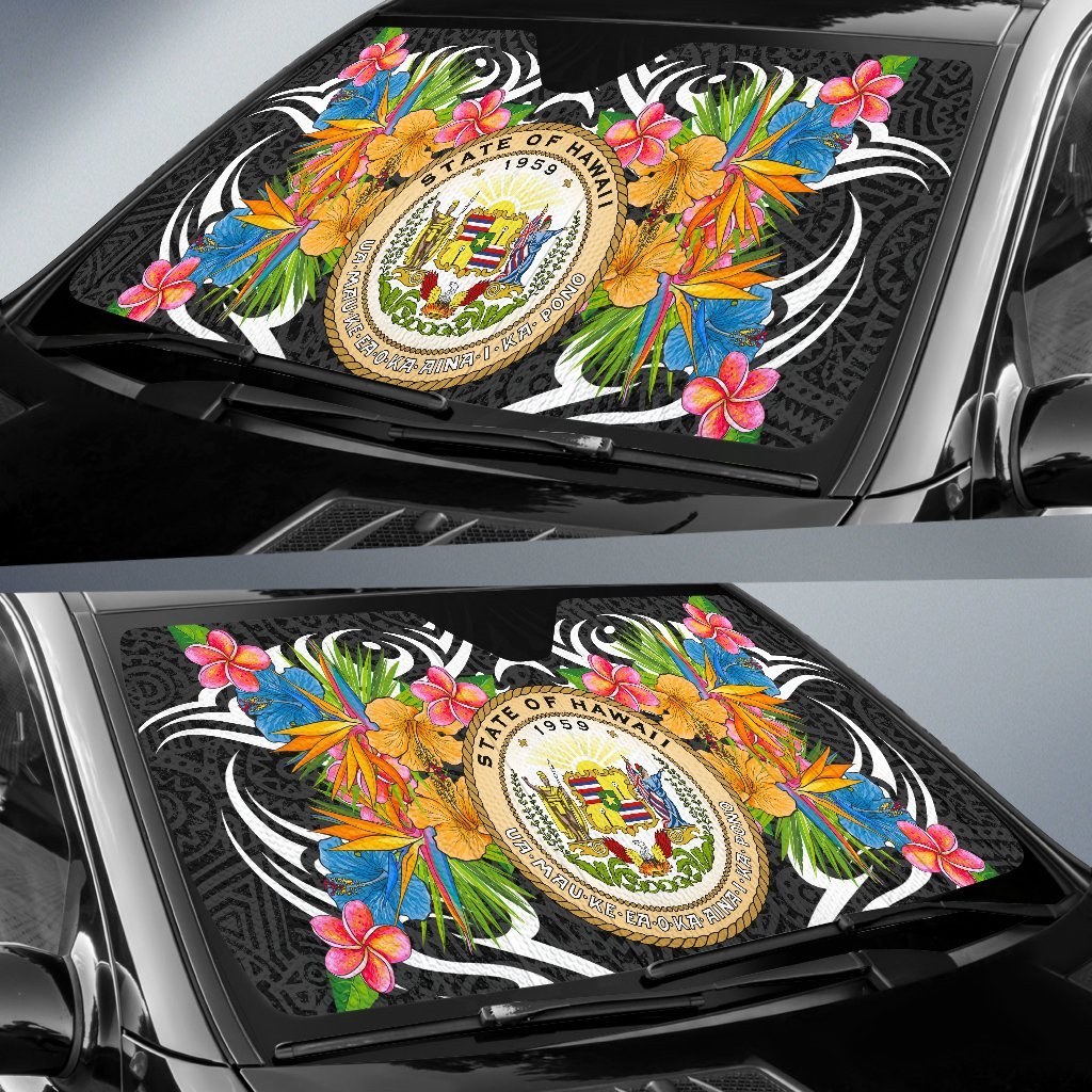 Hawaii Auto Sun Shades - Coat Of Arms With Tropical Flowers - Polynesian Pride