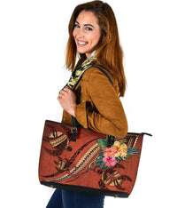 Polynesian Turtle Large Leather Tote - Tribal Tattoo With Hibiscus Coral - Polynesian Pride