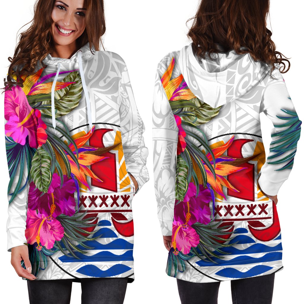 Tahiti Women's Hoodie Dress Polynesian Hibiscus White Pattern White - Polynesian Pride