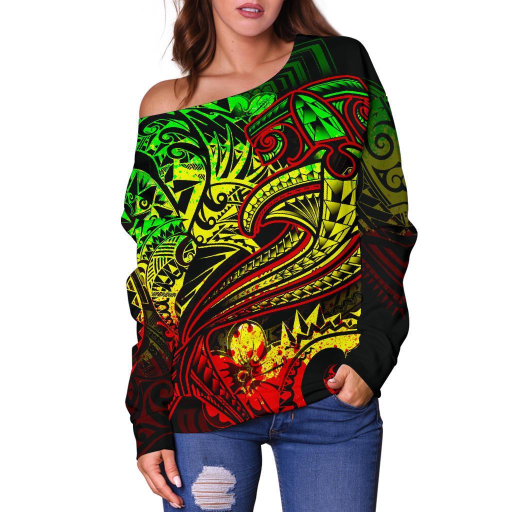 Polynesian Women's Off Shoulder Sweater - Reggae Shark Polynesian Tattoo - Polynesian Pride