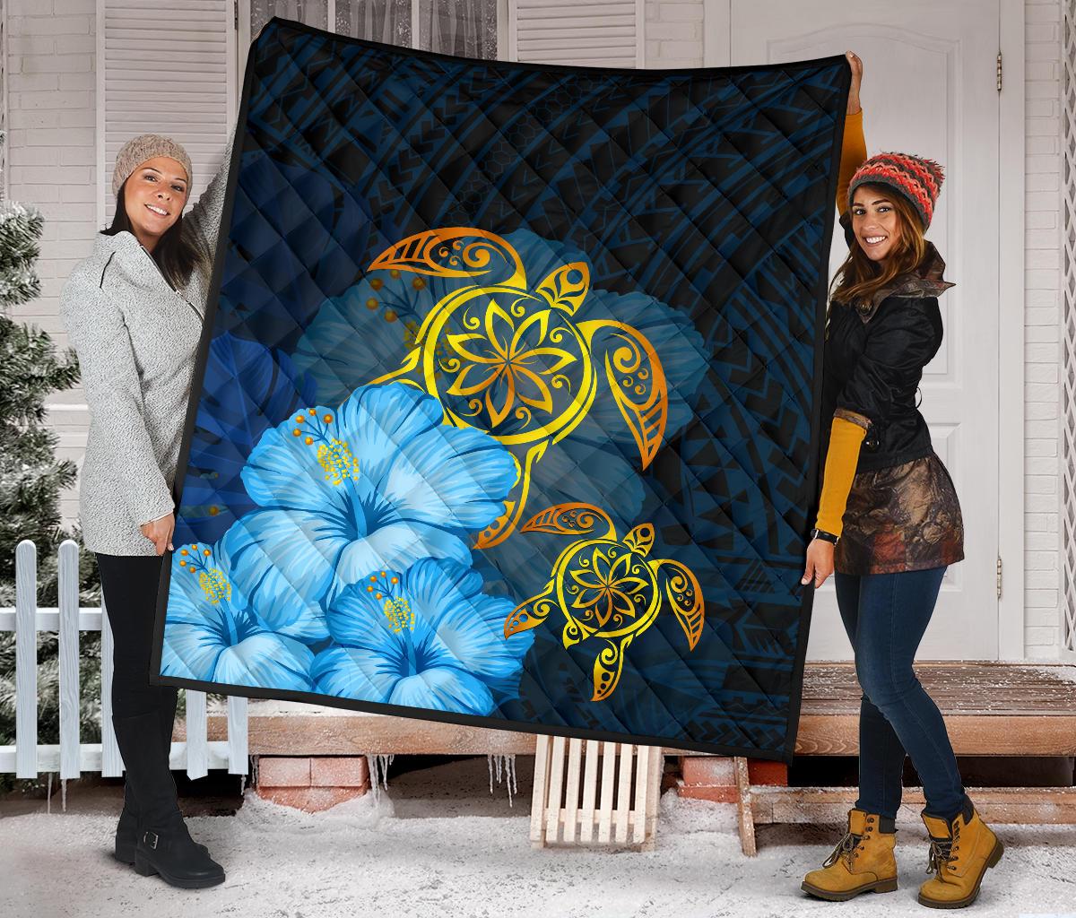 Hawaii Premium Quilt - Turtle Hibiscus Pattern Hawaiian Premium Quilt - Blue - Polynesian Pride