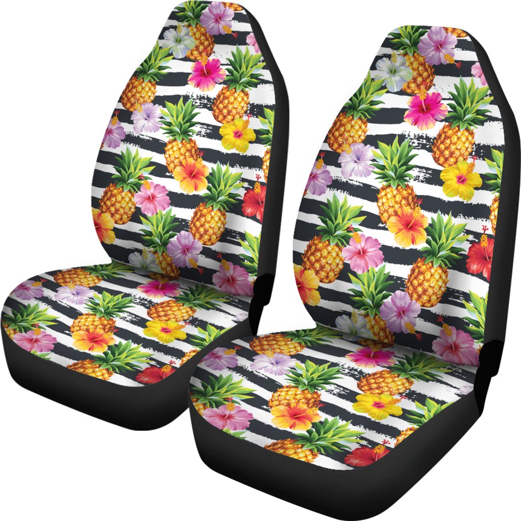 Pineapple And Hibiscus Pattern Car Seat Covers Universal Fit White - Polynesian Pride