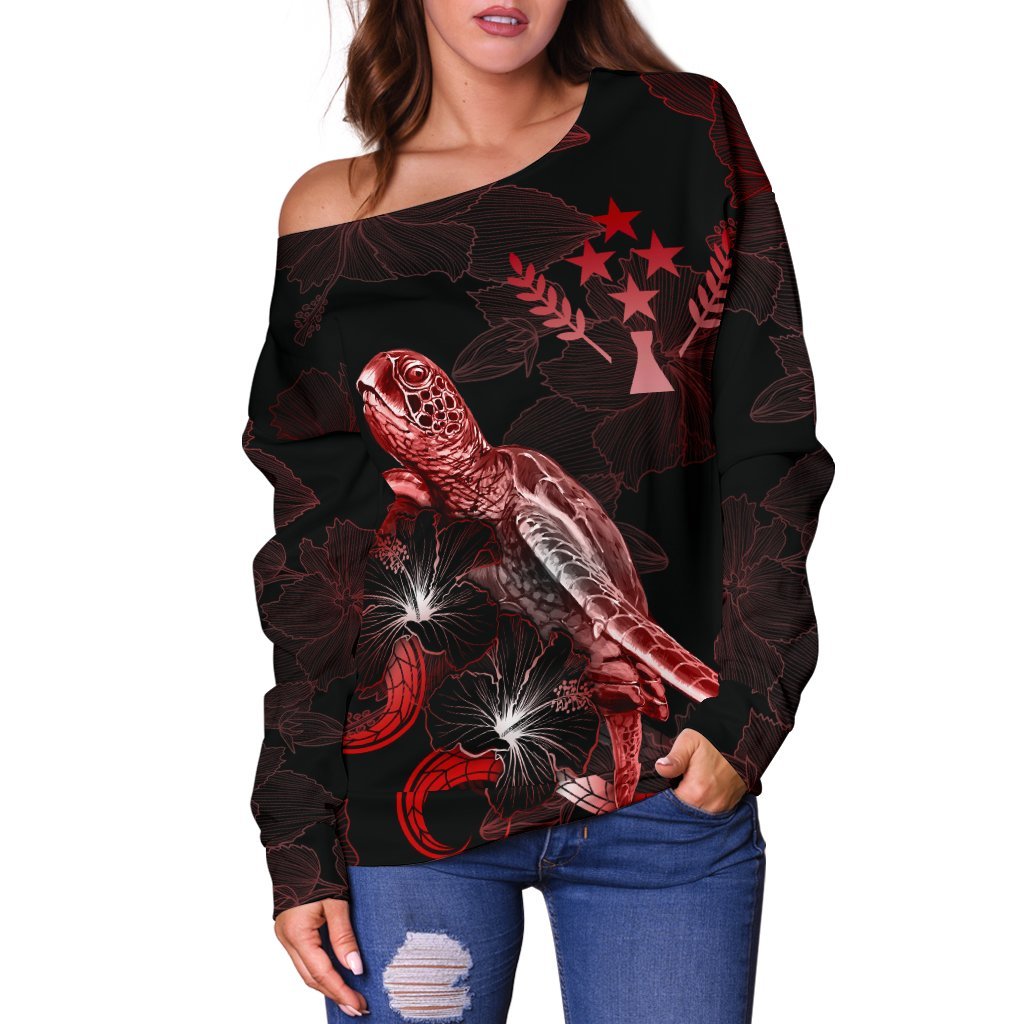 Kosrae Polynesian Women's Off Shoulder Sweater - Turtle With Blooming Hibiscus Red - Polynesian Pride