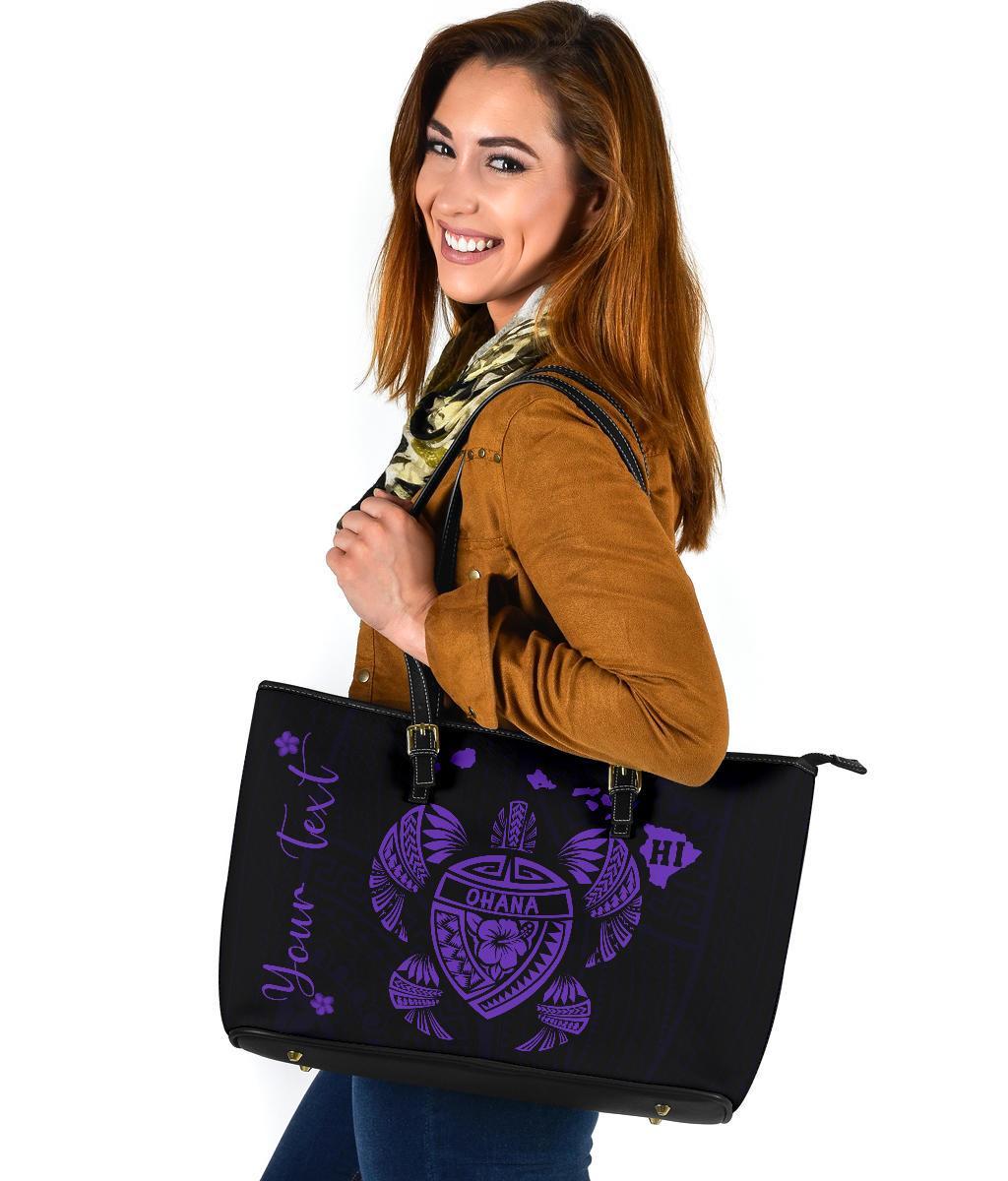Personalized - Hawaii Kakau Polynesian Ohana Turtle Map Large Leather Tote - Purple - Polynesian Pride