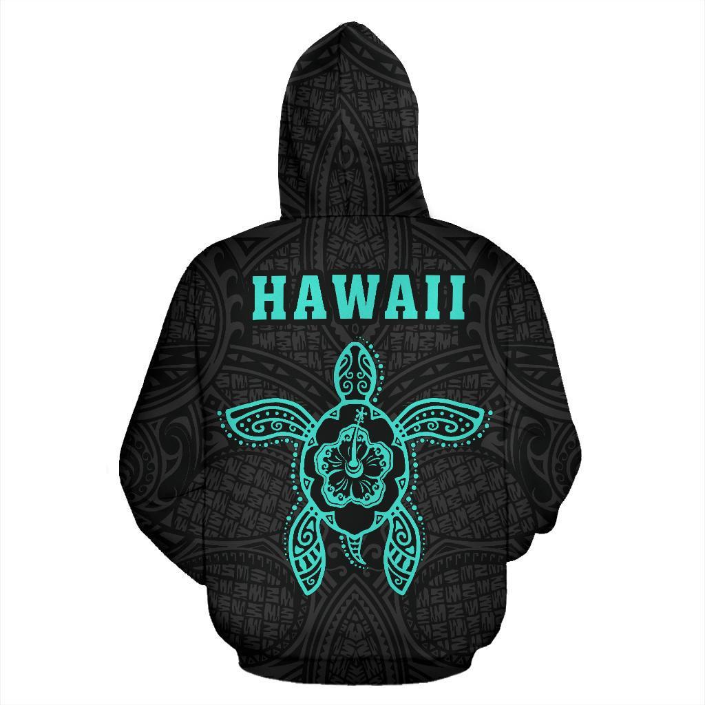 Polynesian Kakau Hula Girl Turtle Hibiscus Hawaii Zip Hoodie Turquoise - Polynesian Pride