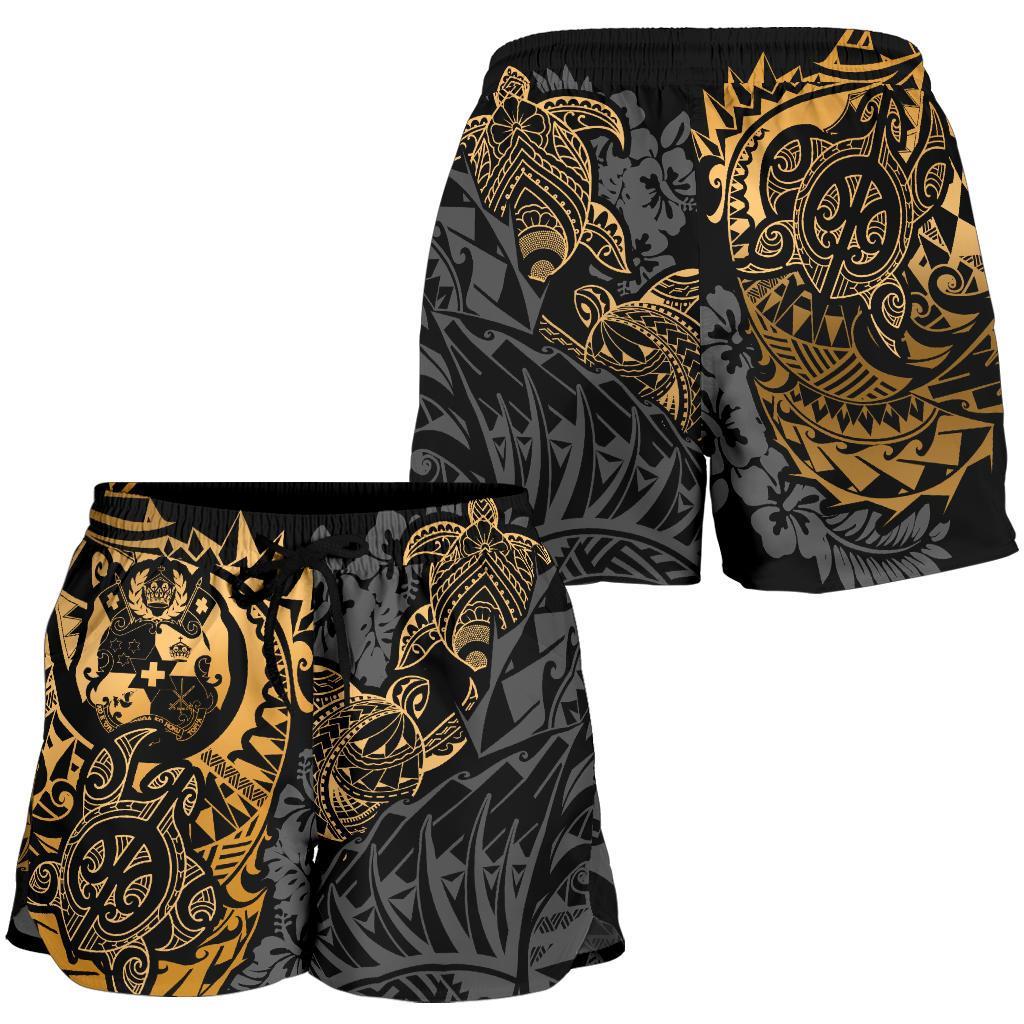 Tonga Polynesian Shorts (Women) - Gold Turtle Flowing - Polynesian Pride