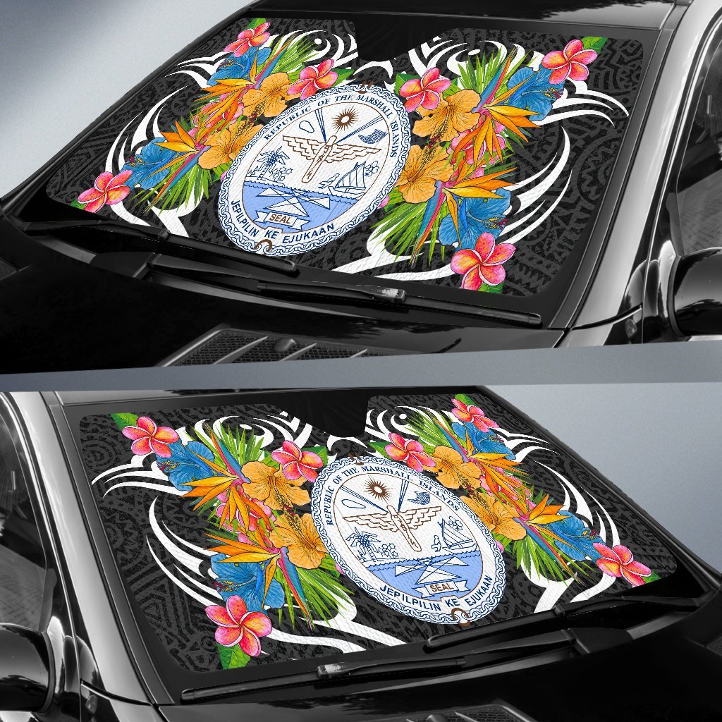 Marshall Islands Auto Sun Shades - Coat Of Arms With Tropical Flowers - Polynesian Pride