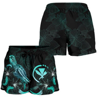 Hawaii Polynesian Women's Shorts - Turtle With Blooming Hibiscus Turquoise - Polynesian Pride