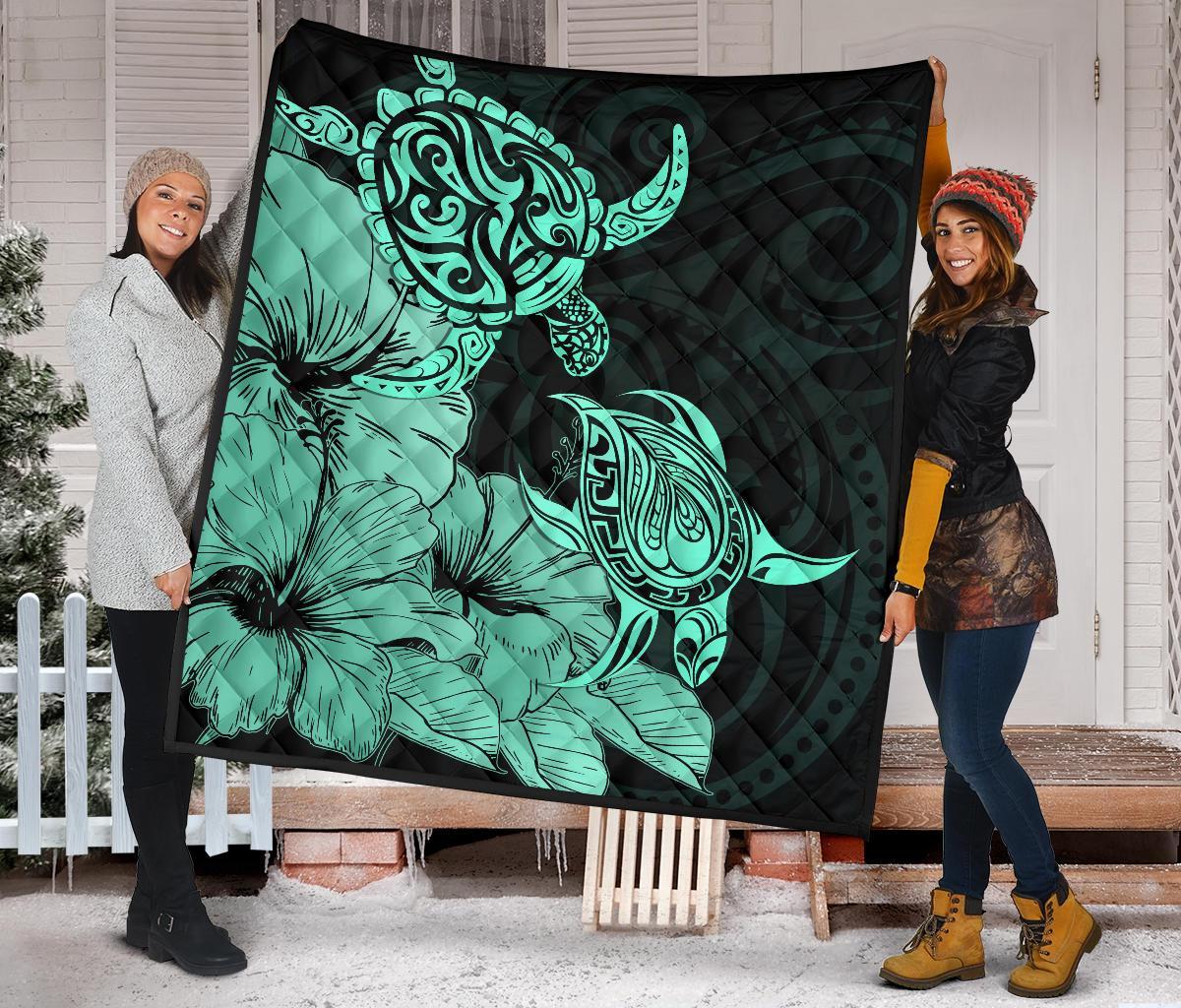 Hawaii Turtle Premium Quilt Polynesian Hibiscus Art Turquoise AH - Polynesian Pride