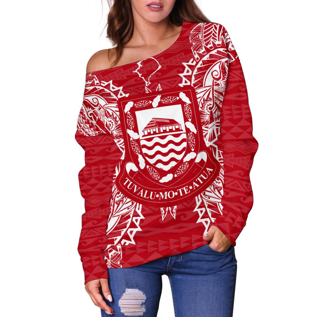 Tuvalu Polynesian Shoulder Sweater Map Red White - Polynesian Pride