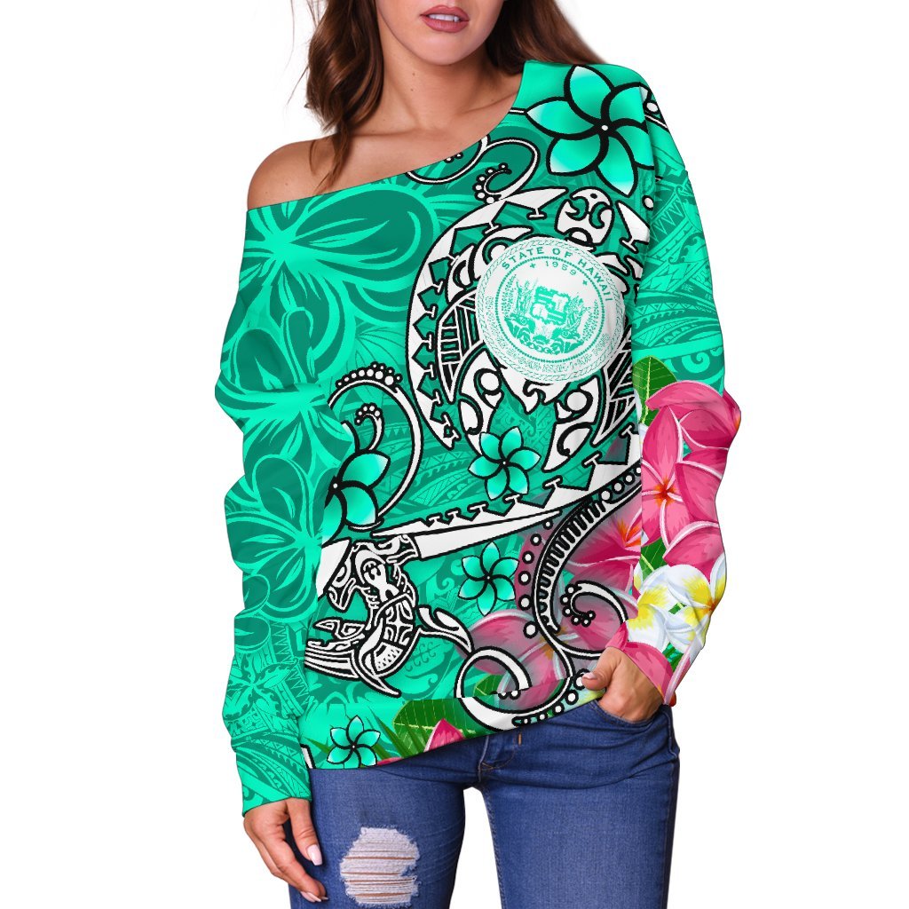 Hawaii Polynesian Women's Off Shoulder Sweater - Hawaii Seal With Turtle Plumeria (Turquoise) - Polynesian Pride