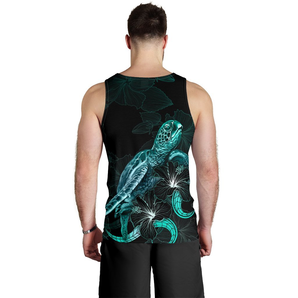Pohnpei Polynesian Men Tank Top - Turtle With Blooming Hibiscus Tuquoise - Polynesian Pride