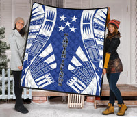 Gambier Islands Premium Quilt - Gambier Islands Flag Polynesian White Tattoo (Blue) - Polynesian Pride