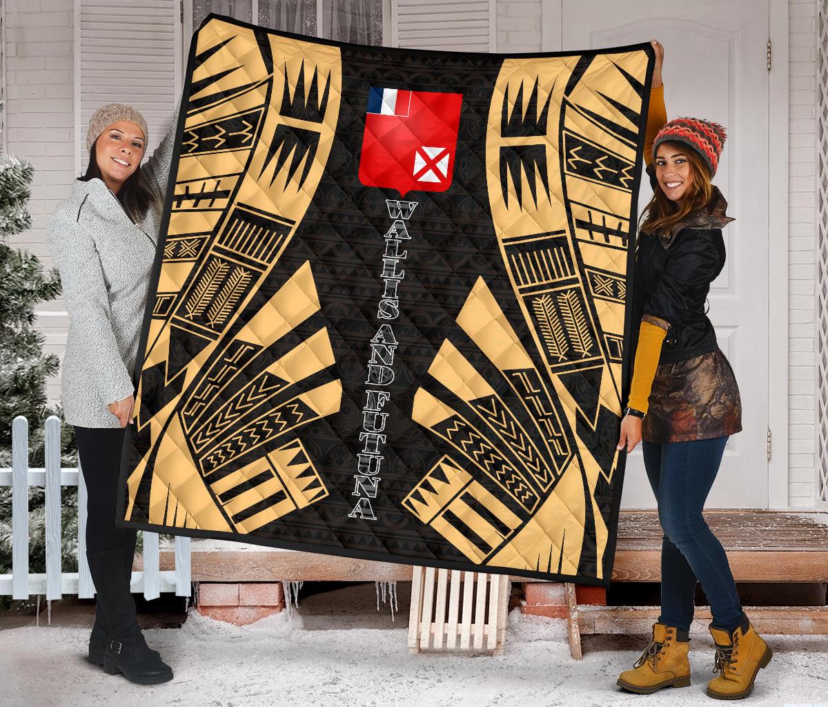 Wallis And Futuna Premium Quilt - Wallis And Futuna Coat Of Arms Polynesian Gold Tattoo Red - Polynesian Pride