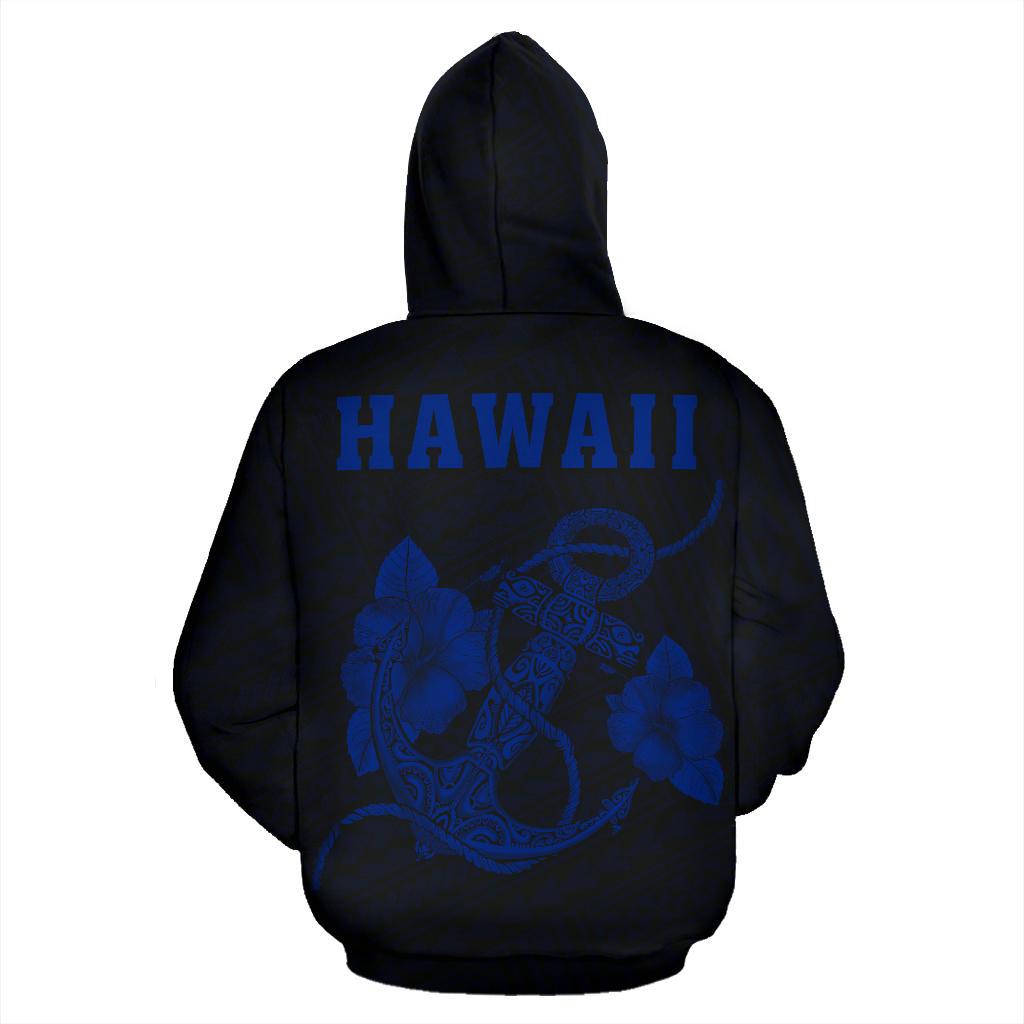 Polynesian Kakau Anchor Hibiscus Hawaii Hoodie Blue - Polynesian Pride