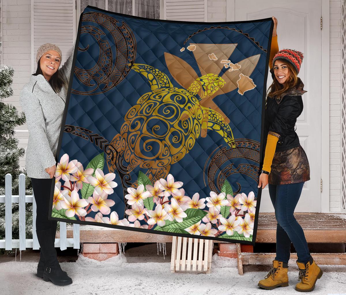 Hawaii Turtle Plumeria Polynesian Kanaka Map - Blue Style - Premium Quilt AH - Polynesian Pride